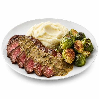 HelloFresh Rosemary Mustard Sirloin Steaks with Garlic Mashed Potatoes and Roasted Brussels Sprouts