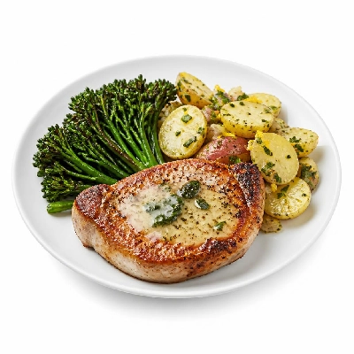 HelloFresh Sage-Butter Pork Chops with Roasted Broccolini and Citrusy Potato Salad