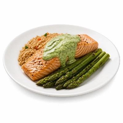 HelloFresh Salmon En Papillote with Whole Wheat Couscous Pilaf Asparagus and Tarragon-Chive Herb Sauce