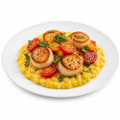 HelloFresh Scallops Over Corn Risotto with Heirloom Grape Tomatoes Thai Basil and Chili Lime Butter