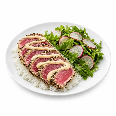 HelloFresh Seared Sesame Tuna over Rice with Ginger Aioli and Arugula Radish Salad