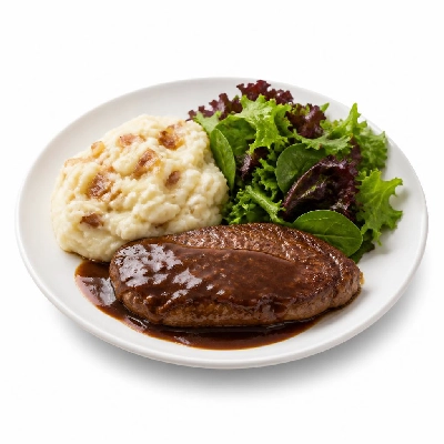 HelloFresh Seared Sirloin Steak and Shallot Demi-Glace with Caramelized Onion Mashed Potatoes Green Salad