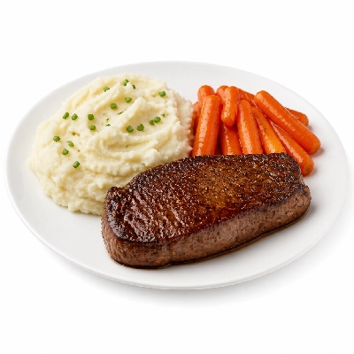 HelloFresh Seared Sirloin Steak with Roasted Garlic Herb Butter Chive Mashed Potatoes and Honey Carrots