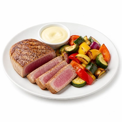 HelloFresh Seared Tuna with Thyme-Roasted Summer Veggies and Lemon Aioli