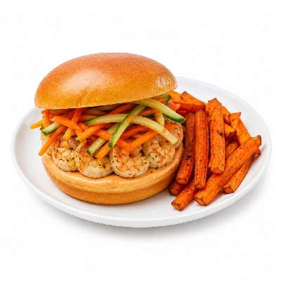 HelloFresh Shrimp Banh Mi Burger with Sriracha Mayo and Carrot Fries
