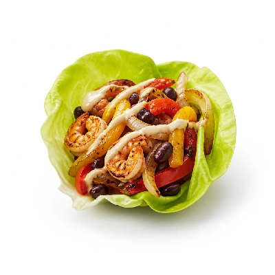 HelloFresh Shrimp Taco Lettuce Wraps with Smoky Chipotle Beans Charred Fajita Veggies and Garlic-Lime Crema