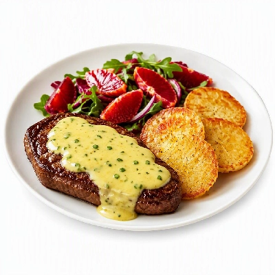 HelloFresh Sirloin with Chive Butter Sauce Crispy Parmesan Potato Rounds and Blood Orange Salad Gourmet