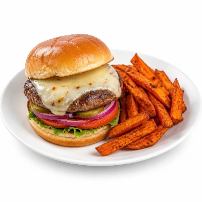 HelloFresh Smothered Pepper Jack Burgers with Spicy Ketchup and BBQ Sweet Potato Fries