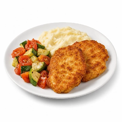 HelloFresh So Delizioso Chicken Cutlets with Cheesy Mashed Potatoes and Tomato Zucchini Jumble
