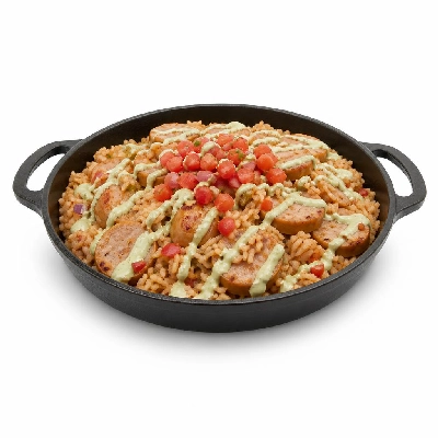 HelloFresh Southwest Chicken Sausage and Rice Skillet with Salsa Fresca and Lime Crema