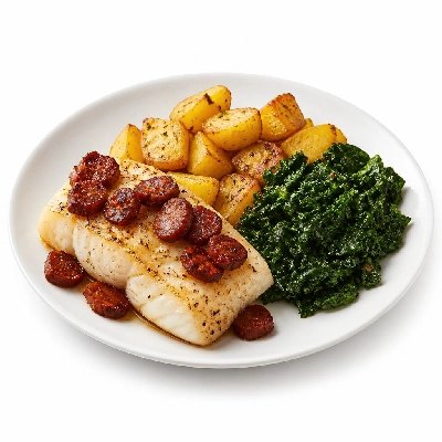HelloFresh Spanish Cod & Chorizo with Crispy Oregano Potatoes Sauteed Kale
