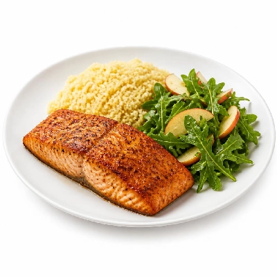 HelloFresh Spiced Dijon Salmon with Apple Arugula Salad and Couscous