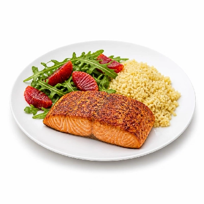 HelloFresh Spiced Salmon with Blood Orange-Arugula Salad Couscous and Lemon-Shallot Vinaigrette