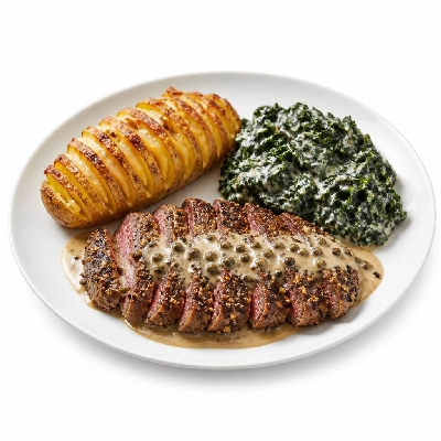 HelloFresh Steak Au Poivre with Cheesy Hesselbeck Potatoes Creamed Kale and Shallot-Peppercorn Sauce