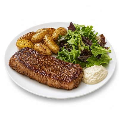 HelloFresh Steakhouse-Style New York Strip with Fingerling Potatoes Green Salad and Horseradish Cream Sauce