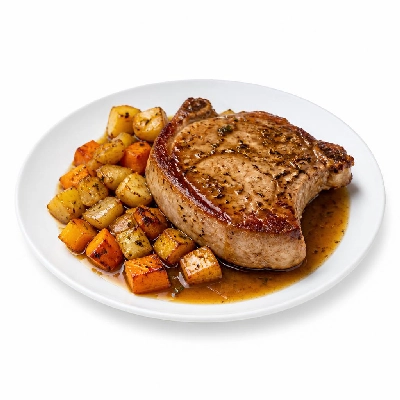 HelloFresh Sugar-Rubbed Pork Chops with Caramelized Root Vegetables and Thyme Pan-Sauce