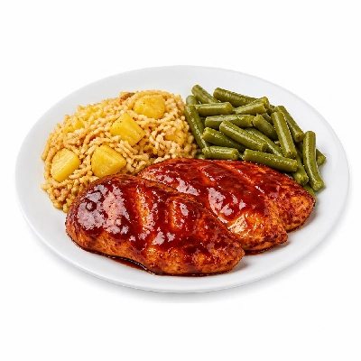 HelloFresh Sweet 'N' Smoky Chicken Cutlets with Cherry Ancho Barbecue Sauce Green Beans and Pineapple Rice