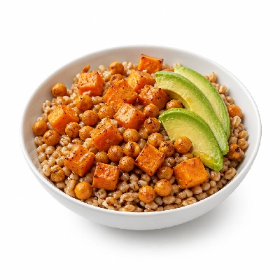 HelloFresh Sweet Potato Sunshine Bowl with Crispy Chickpeas Avocado and Citrus Dressing over Farro