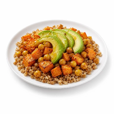 HelloFresh Sweet Potato Sunshine Salad with Crispy Chickpea Avocado and Citrus Dressing Over Farro