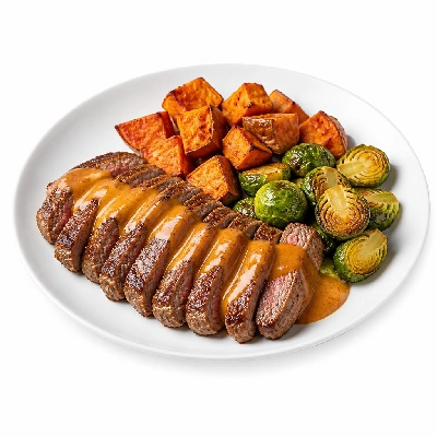 HelloFresh Sweetheart's New York Strip Steak with Sweet Potatoes Brussels Sprouts and Blood Orange Sauce
