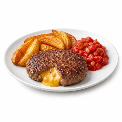 HelloFresh Tex-Mex Cheese-Stuffed Burgers with Tomato Salsa and Potato Wedges
