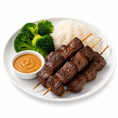 HelloFresh Thai Beef Skewers Aka Satay with Peanut Dipping Sauce Broccoli and Jasmine Rice