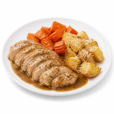 HelloFresh Thyme Gravy Chicken with Roasted Carrots and Cacio E Pepe Potatoes