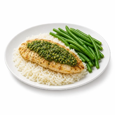 HelloFresh Tilapia with Scallion Sriracha Pesto over Ginger Jasmine Rice and Green Beans