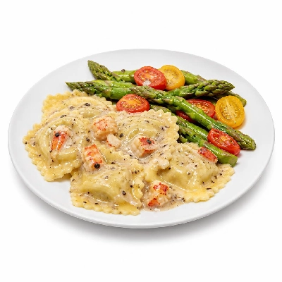 HelloFresh Truffled Lobster Ravioli with Asparagus and Heirloom Grape Tomatoes
