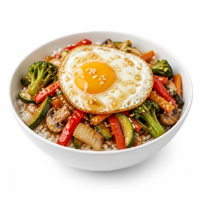 HelloFresh Veggie Bibimbap Rice Bowl with Sweet Sesame Sauce and a Fried Egg