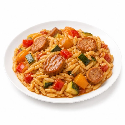 HelloFresh Veggie-Loaded Orzo and Sausage with Zucchini Tomatoes Bell Pepper