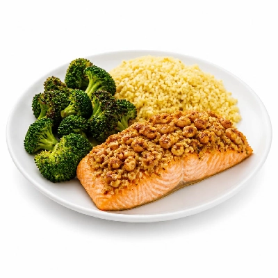HelloFresh Walnut-Crusted Salmon with Crispy Broccoli and Pilaf-Style Couscous