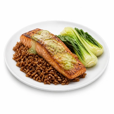 HelloFresh Wasabi Lime Salmon over Soy-Simmered Rice with Baby Bok Choy