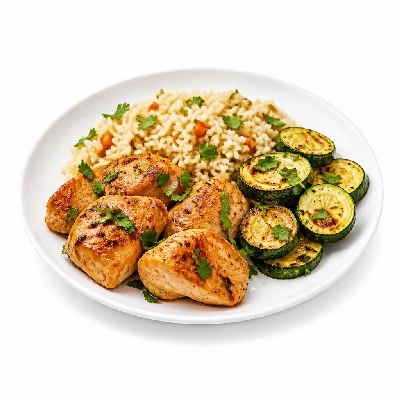 HelloFresh Yogurt-Marinated Chicken with Rice Pilaf Roasted Zucchini and Cilantro