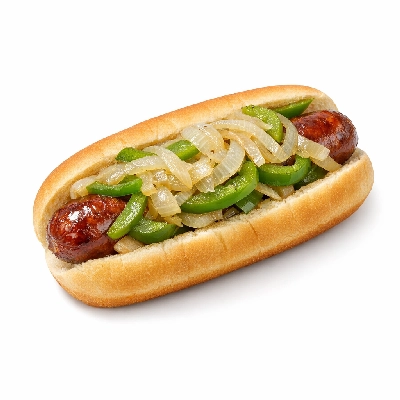 Hot dog with peppers and onions