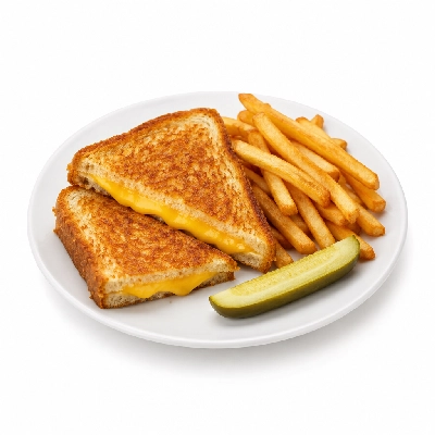 Iron Skillet Grilled Cheese with Fries and Pickle Spear