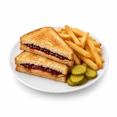 Iron Skillet Peanut Butter and Jelly Sandwich with Fries and Pickle Chips