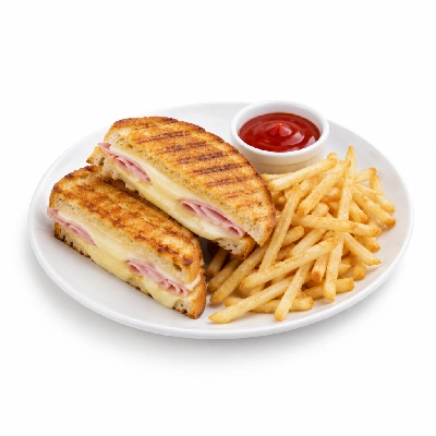 Johnny Carino's Kids Specialties Ham and Cheese Panini with Ketchup and Shoestring Fries