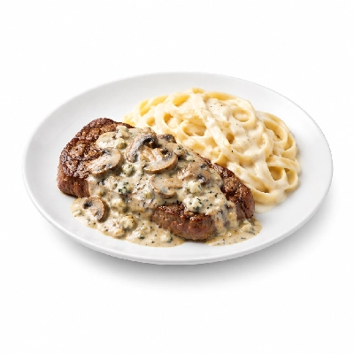 Johnny Carino's Other Entrees Flat Iron Steak with Mushroom Gorgonzola Sauce and Pasta Alfredo