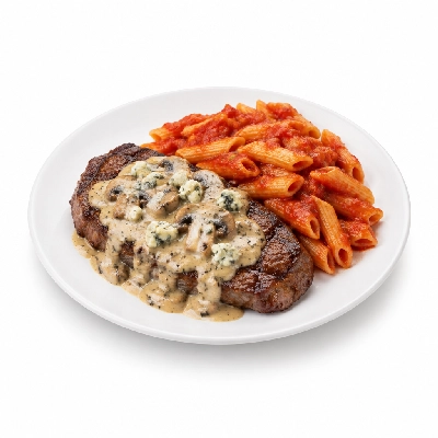 Johnny Carino's Other Entrees Flat Iron Steak with Mushroom Gorgonzola Sauce and Pasta Marinara