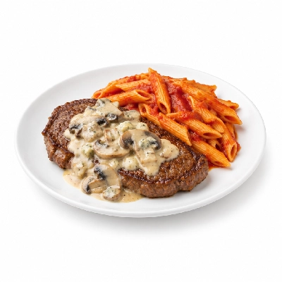 Johnny Carino's Other Entrees Flat Iron Steak with Mushroom Gorgonzola Sauce and Pasta Tomato