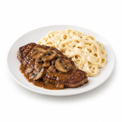 Johnny Carino's Other Entrees Flat Iron Steak with Mushroom Marsala Sauce and Pasta Alfredo