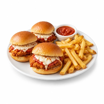 Johnny Carino's Sandwiches Chicken Parmesan Sliders with Fries and Tomato Sauce