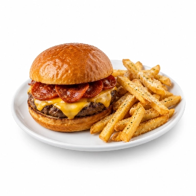 Johnny Carino's Sandwiches Crispy Pepperoni Burger with Parmesan Fries