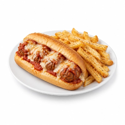 Johnny Carino's Sandwiches Italian Meatball Hoagie with Parmesan Fries and Tomato Sauce