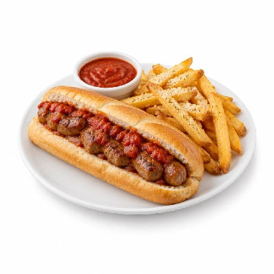 Johnny Carino's Sandwiches Italian Sausage Hoagie with Parmesan Fries and Tomato Sauce