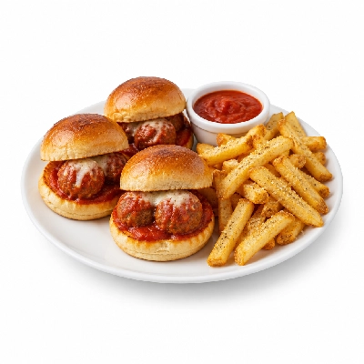 Johnny Carino's Sandwiches Meatball Sliders with Parmesan Fries and Tomato Sauce
