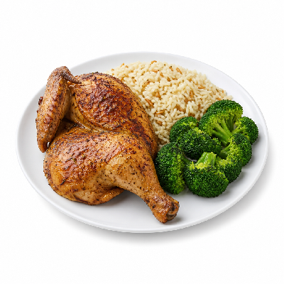 La Madeleine Entrees Half Rosemary Roasted Chicken with Rice Provencal & Steamed Broccoli
