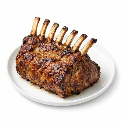 Lamb veal & game australian imported fresh rack roast frenched denuded bone-in separable lean and fat trimmed to 0" cooked roasted