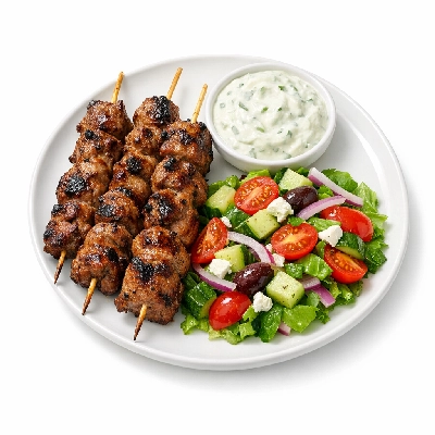 Lamb Souvlaki, Tzatziki Sauce & Salad